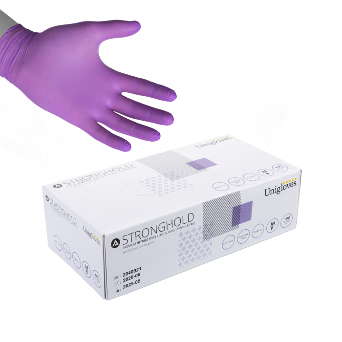 Box of 100 Unigloves Stronghold Premium Nitrile Gloves - Purple